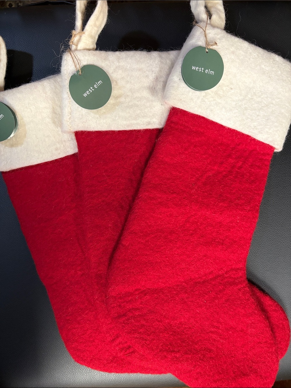 West Elm Red and Cream Wool Felt Holiday Christmas Stockings - Set of 3